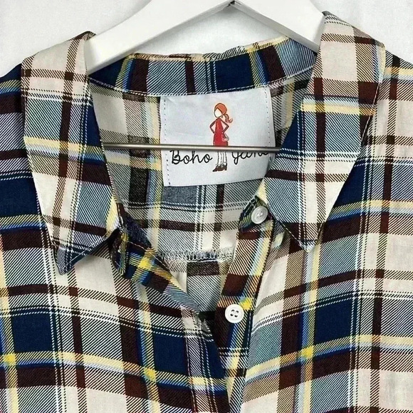 Boho Jane Womens Shirt Brown & Blue S Sleeveless Ombré Plaid Back/Applique Boho - Picture 3 of 10